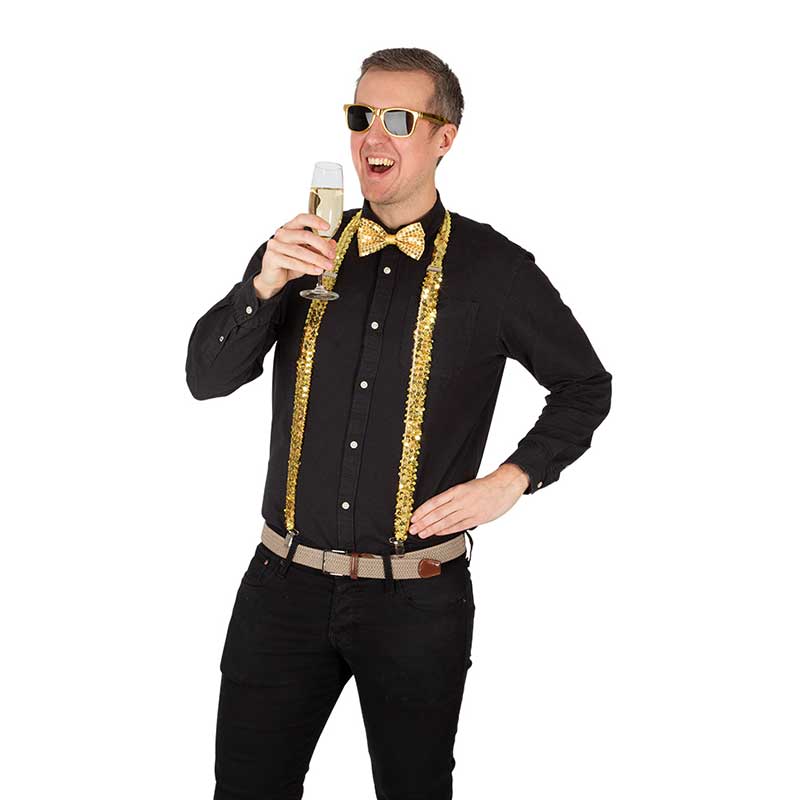 Kit med Guldfärgade Paljett hängslen Solglasögon och Fluga - Bild 4